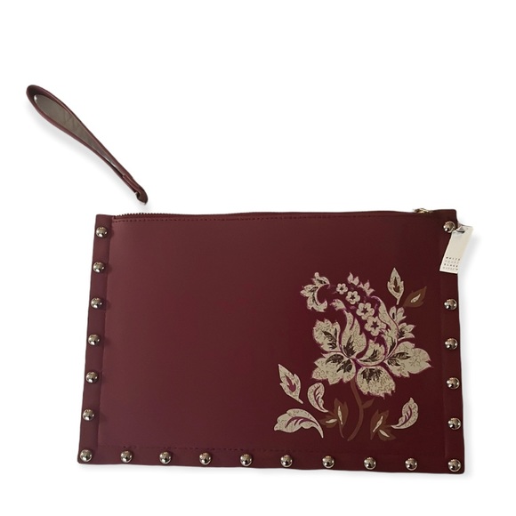 WHBM Burgundy Floral White House Black Market Wristlet Slim Clutch Slim Purse